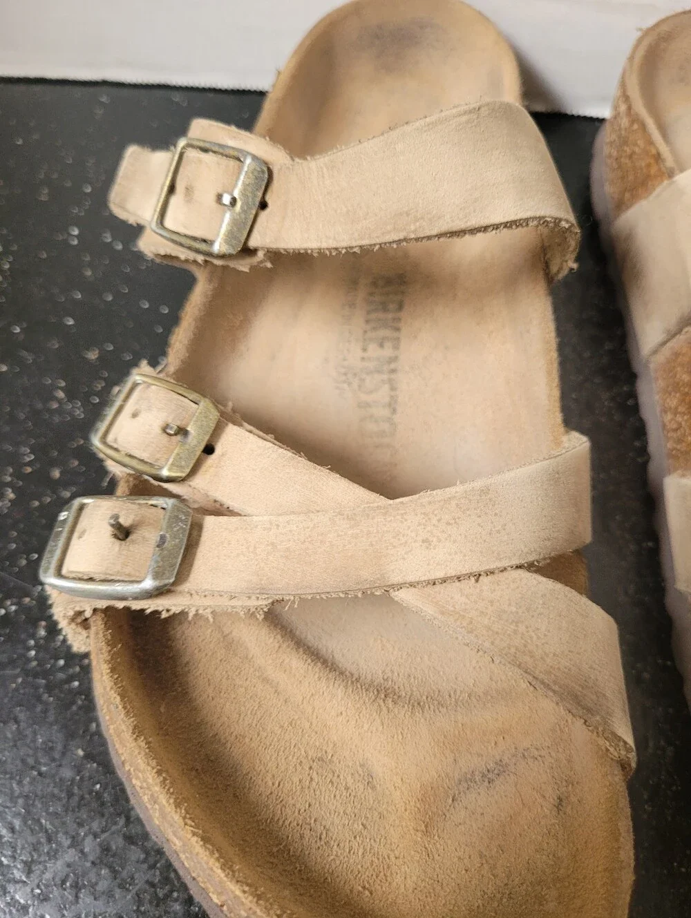 Birkenstock Neutral Beige Suede Buckle Slide Sandals